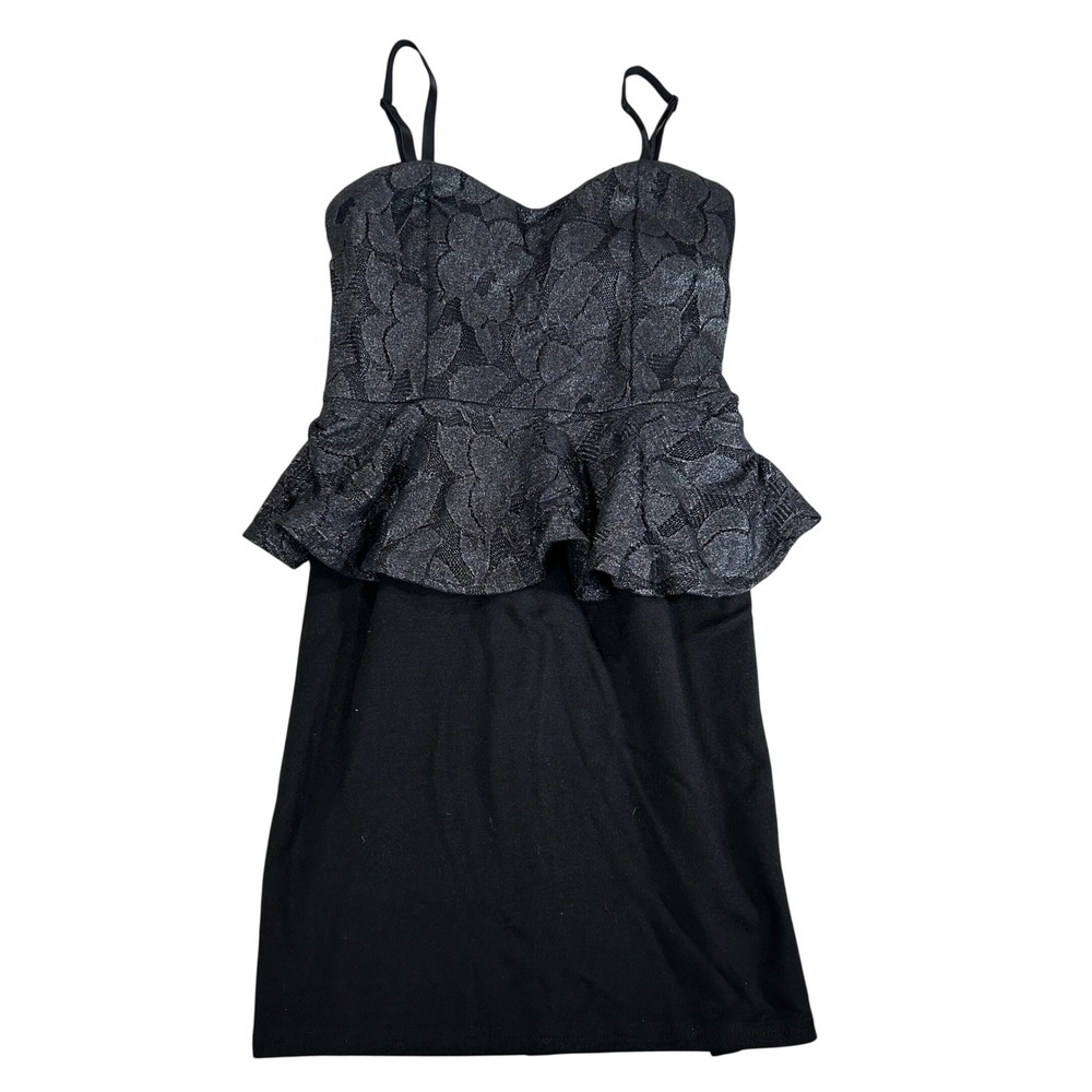 Vintage Seductions Black Silver Metallic Floral Lace Peplum Bodycon Dress Size L